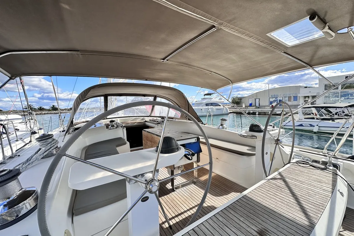 Cockpit of Heidrun, a Bavaria Cruiser 55 sailboat at Split, Croatia