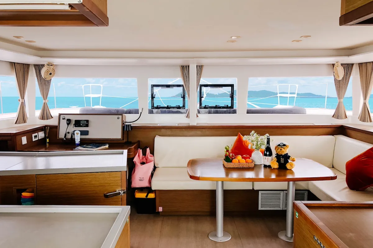 Salon of Lagoon 450 S, a catamaran at Mai Khao, Thailand