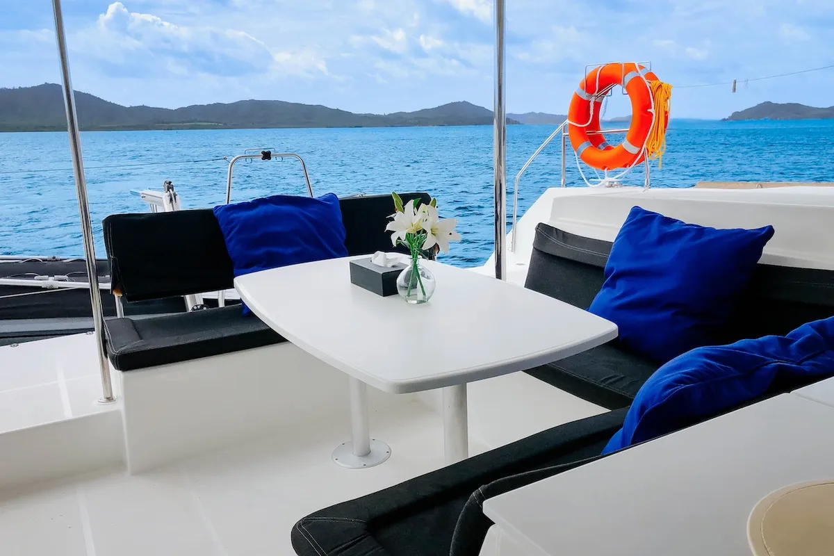 Deck of Lagoon 450 S, a catamaran at Mai Khao, Thailand