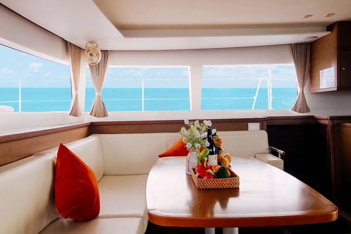 Salon of Lagoon 450 S, a catamaran at Mai Khao, Thailand
