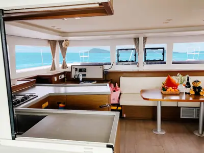 Salon of Lagoon 450 S, a catamaran at Mai Khao, Thailand