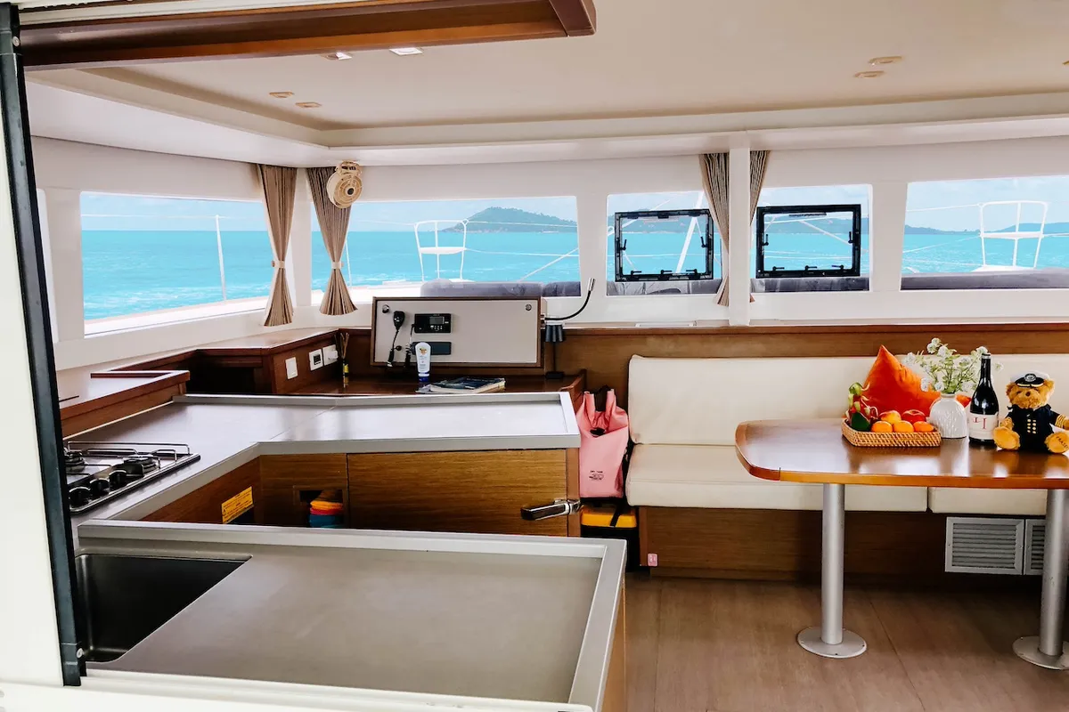 Salon of Lagoon 450 S, a catamaran at Mai Khao, Thailand