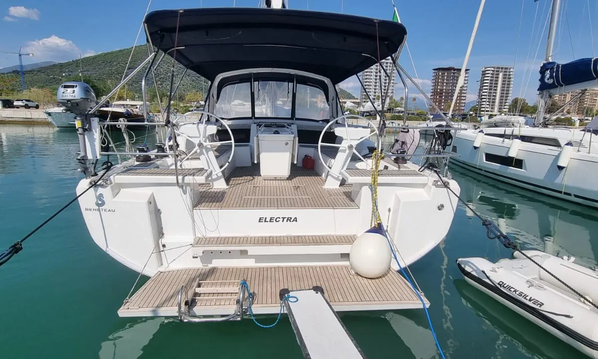 Exterior view of Electra, a Beneteau Oceanis 46.1 sailboat at Olbia, Italy