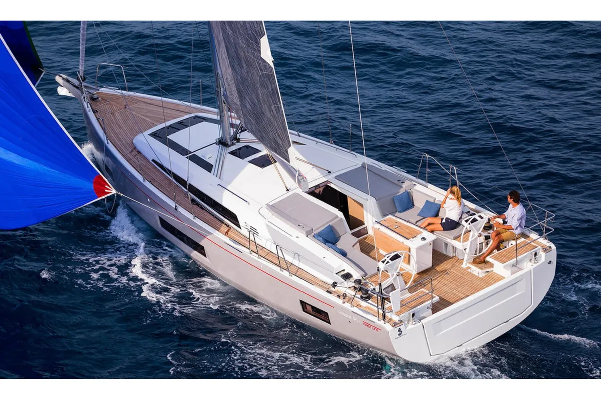 Exterior view of Electra, a Beneteau Oceanis 46.1 sailboat at Olbia, Italy