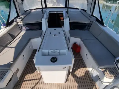 Deck of Electra, a Beneteau Oceanis 46.1 sailboat at Olbia, Italy