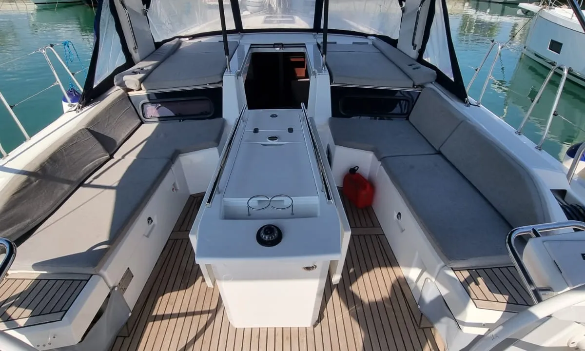 Deck of Electra, a Beneteau Oceanis 46.1 sailboat at Olbia, Italy