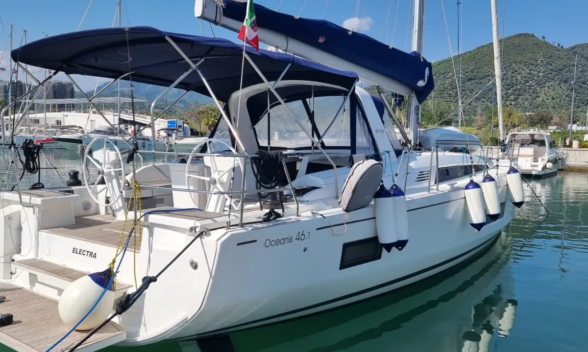 Exterior view of Electra, a Beneteau Oceanis 46.1 sailboat at Olbia, Italy