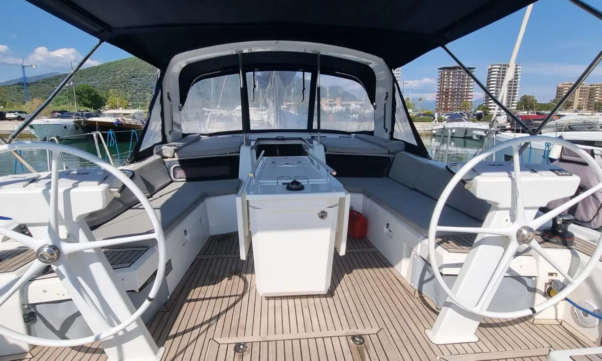 Cockpit of Electra, a Beneteau Oceanis 46.1 sailboat at Olbia, Italy