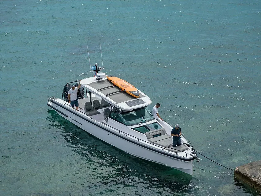 Exterior view of Apollo, a Axopar 37 Sun Top motorboat at Kranidi, Greece