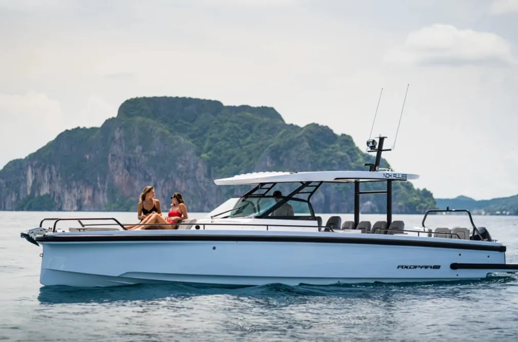 Exterior view of Apollo, a Axopar 37 Sun Top motorboat at Kranidi, Greece