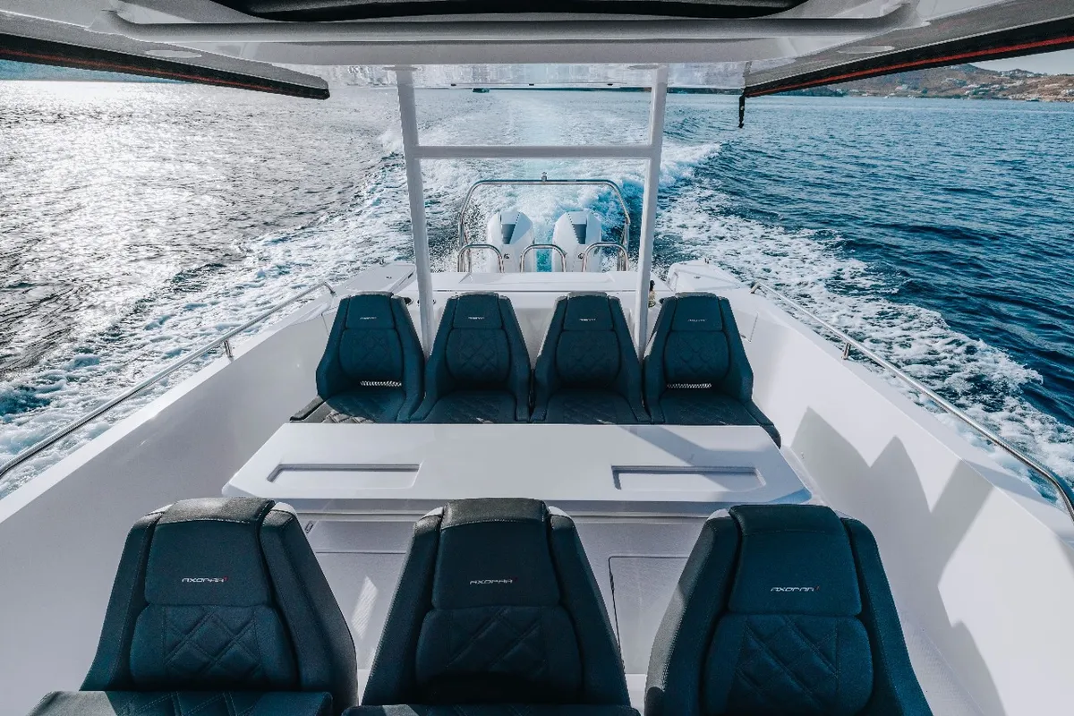 Deck of Apollo, a Axopar 37 Sun Top motorboat at Kranidi, Greece