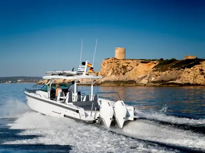 Exterior view of Apollo, a Axopar 37 Sun Top motorboat at Kranidi, Greece