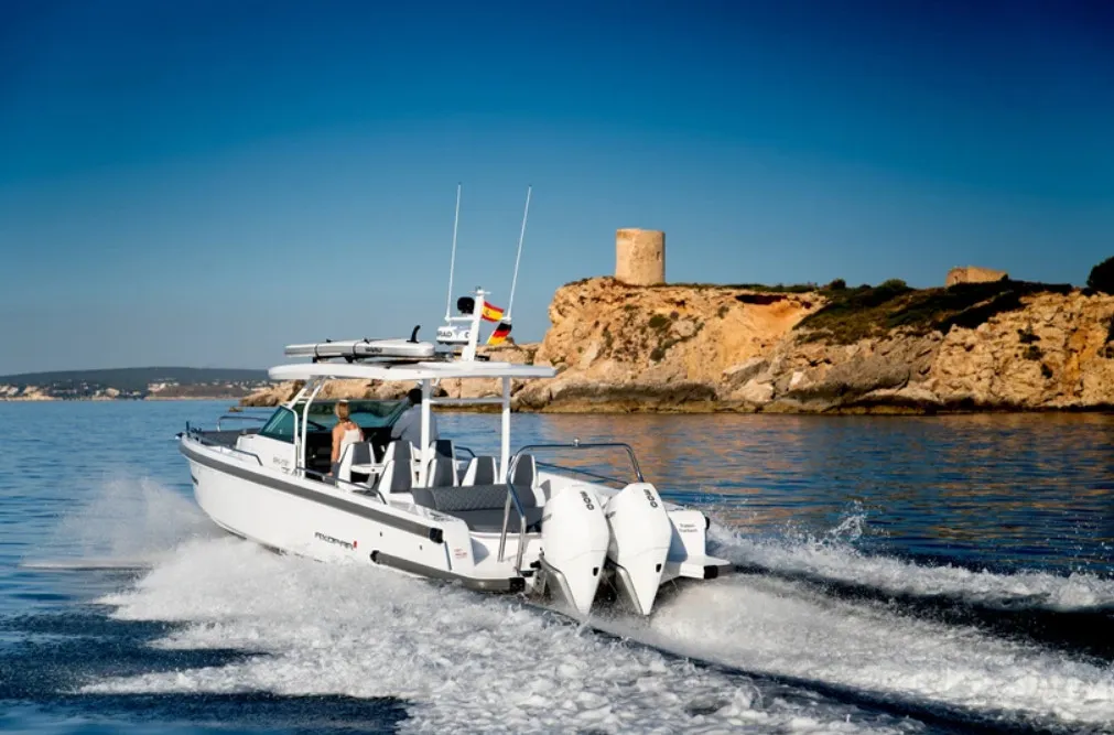 Exterior view of Apollo, a Axopar 37 Sun Top motorboat at Kranidi, Greece