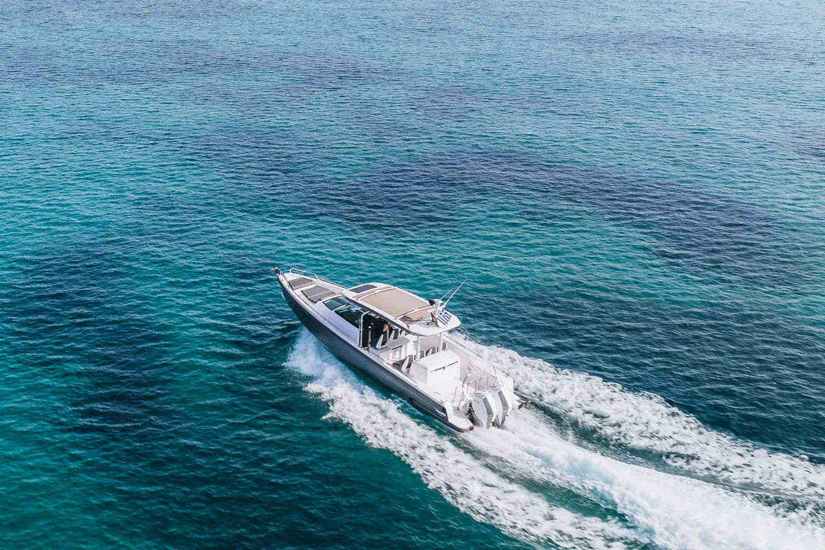 Exterior view of Apollo, a Axopar 37  Sun Top motorboat at Kranidi, Greece