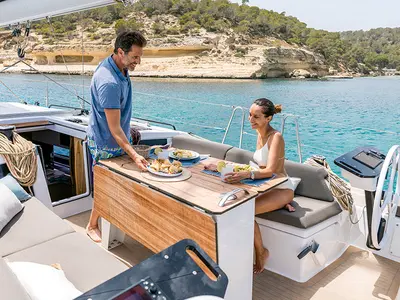 Deck of Panagiotis, a Dufour 41 sailboat at Volos, Greece