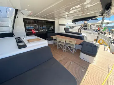 Deck of Lagoon 55, a catamaran at English Harbour, Antigua and Barbuda