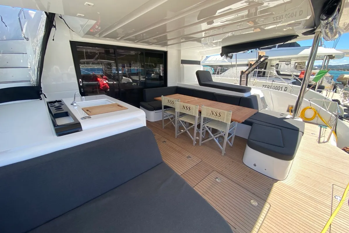 Deck of Lagoon 55, a catamaran at English Harbour, Antigua and Barbuda