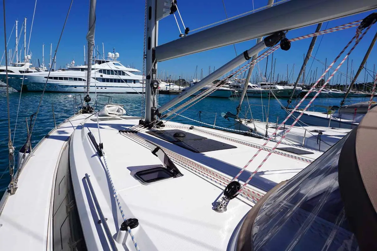 Deck of Delphina, a Bavaria Cruiser 46 sailboat at Kontokali, Greece