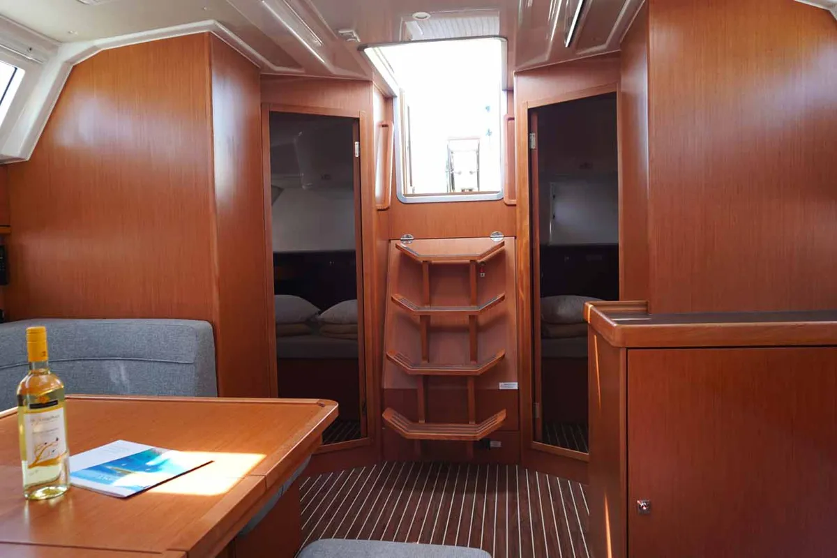 Salon of Delphina, a Bavaria Cruiser 46 sailboat at Kontokali, Greece