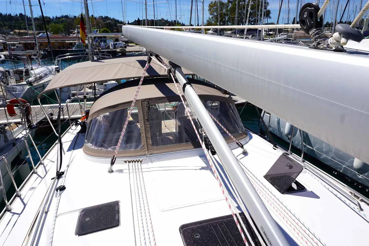 Deck of Delphina, a Bavaria Cruiser 46 sailboat at Kontokali, Greece