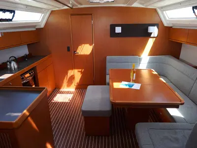 Salon of Delphina, a Bavaria Cruiser 46 sailboat at Kontokali, Greece