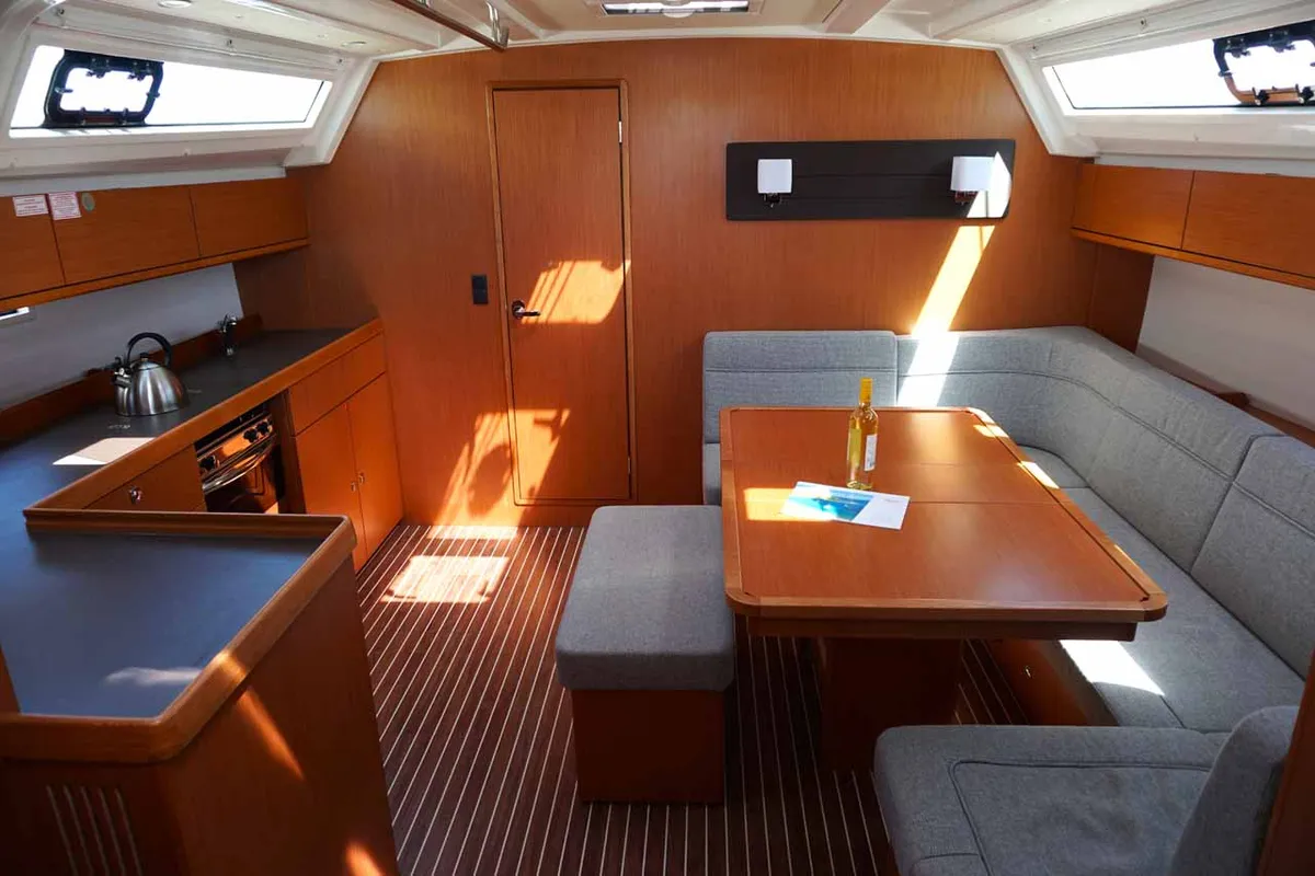 Salon of Delphina, a Bavaria Cruiser 46 sailboat at Kontokali, Greece