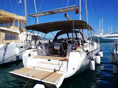 Cockpit of Delphina, a Bavaria Cruiser 46 sailboat at Kontokali, Greece