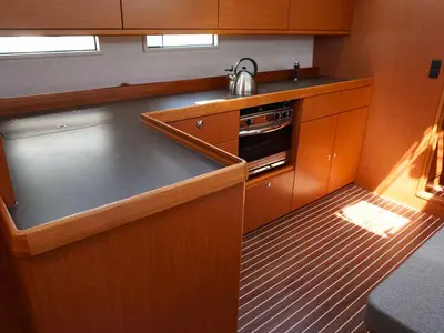 Galley of Delphina, a Bavaria Cruiser 46 sailboat at Kontokali, Greece
