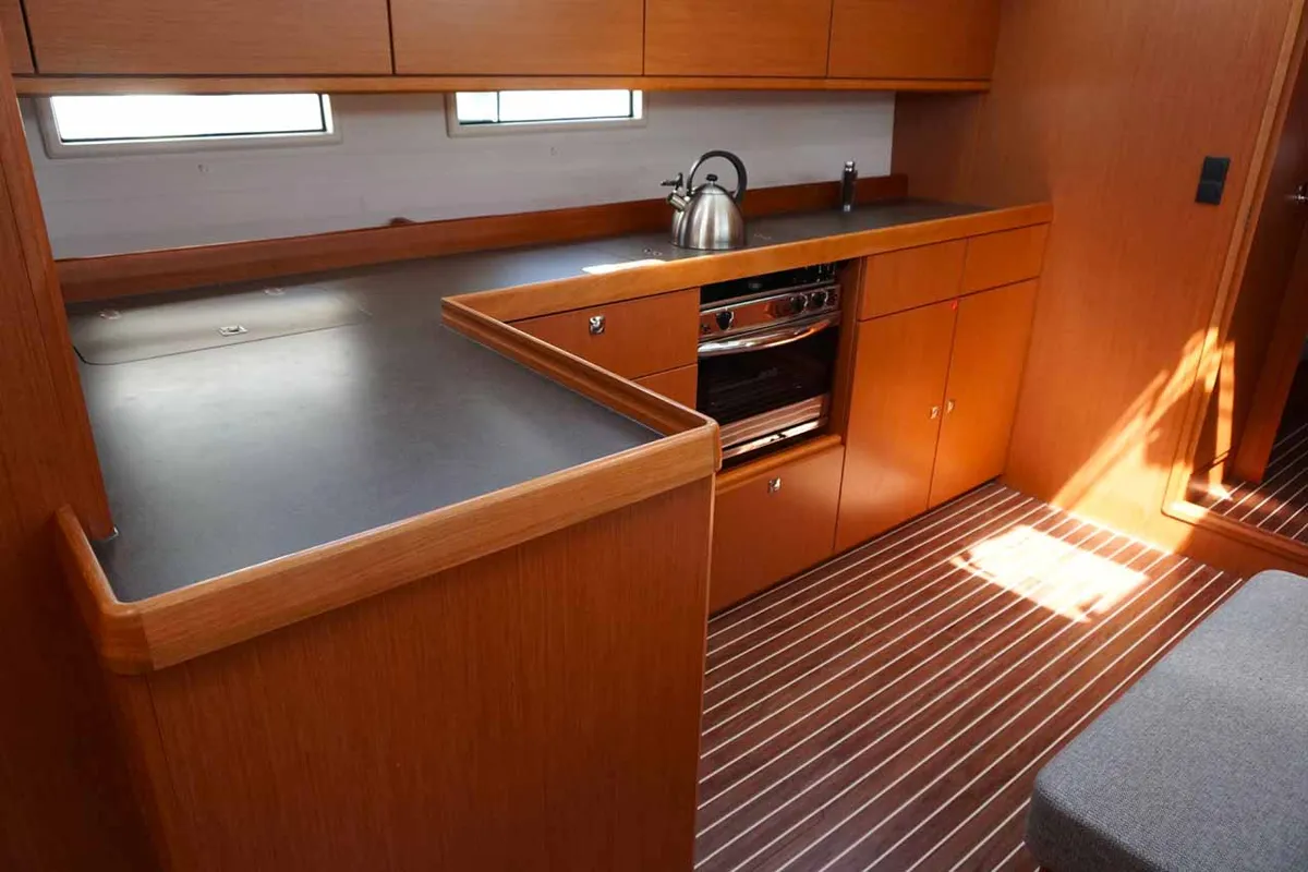 Galley of Delphina, a Bavaria Cruiser 46 sailboat at Kontokali, Greece