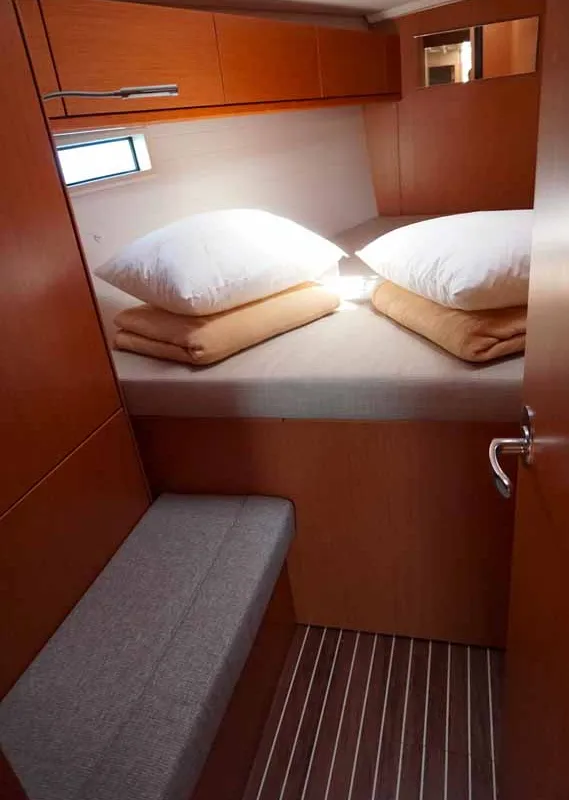 Cabin on Delphina, a Bavaria Cruiser 46 sailboat at Kontokali, Greece