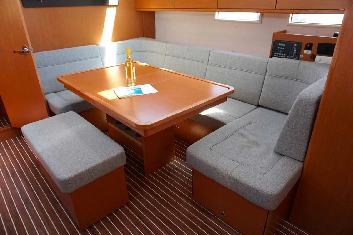 Salon of Delphina, a Bavaria Cruiser 46 sailboat at Kontokali, Greece