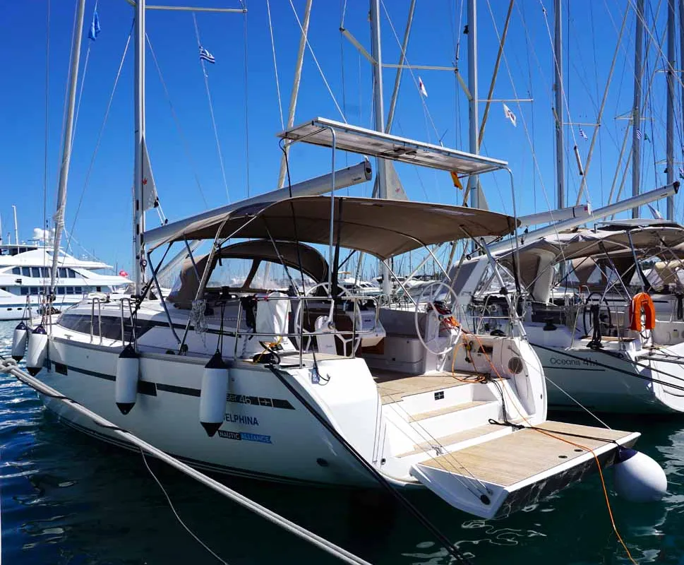 Cockpit of Delphina, a Bavaria Cruiser 46 sailboat at Kontokali, Greece