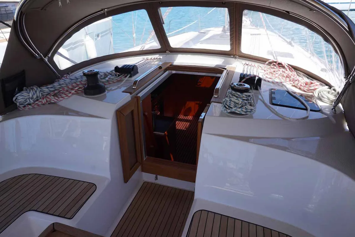 Deck of Delphina, a Bavaria Cruiser 46 sailboat at Kontokali, Greece