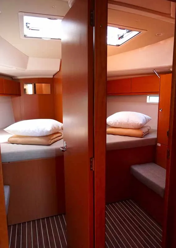 Cabin on Delphina, a Bavaria Cruiser 46 sailboat at Kontokali, Greece