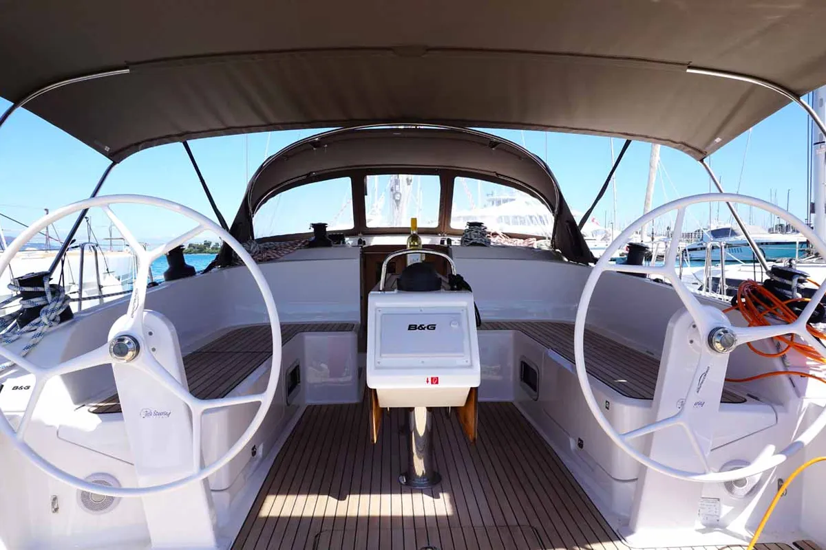 Cockpit of Delphina, a Bavaria Cruiser 46 sailboat at Kontokali, Greece