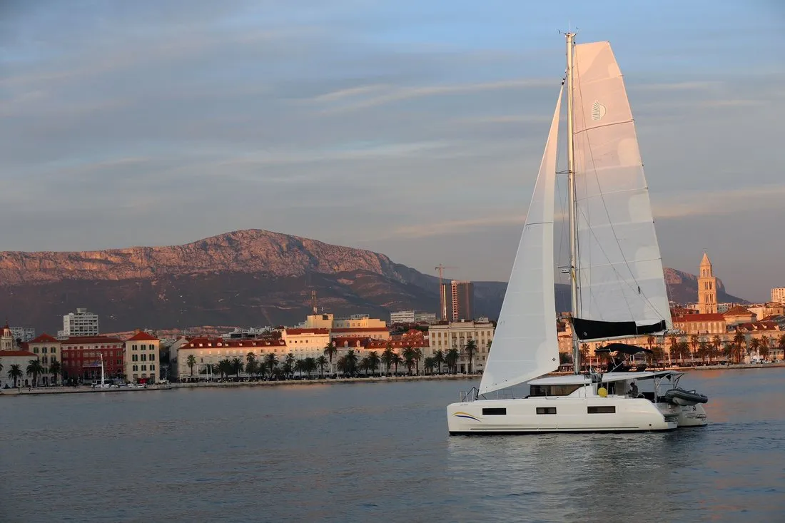 Exterior view of Lady Point, a Lagoon 46 catamaran at Split, Croatia