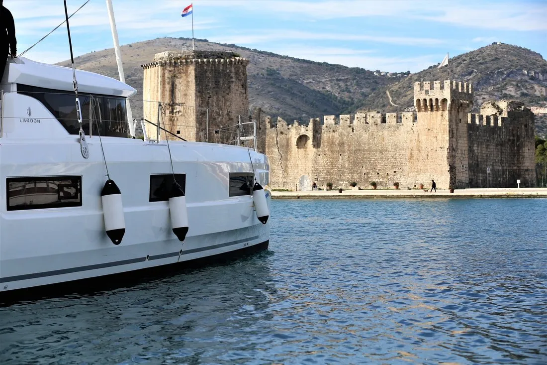 Exterior view of Lady Point, a Lagoon 46 catamaran at Split, Croatia