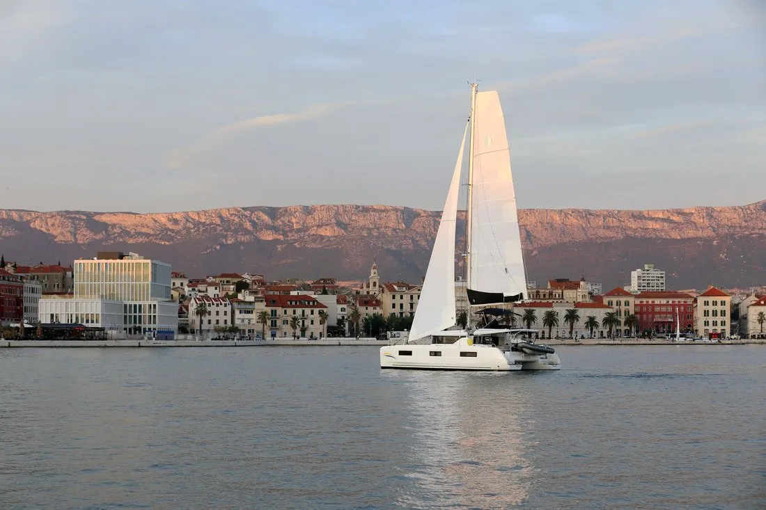 Exterior view of Lady Point, a Lagoon 46 catamaran at Split, Croatia