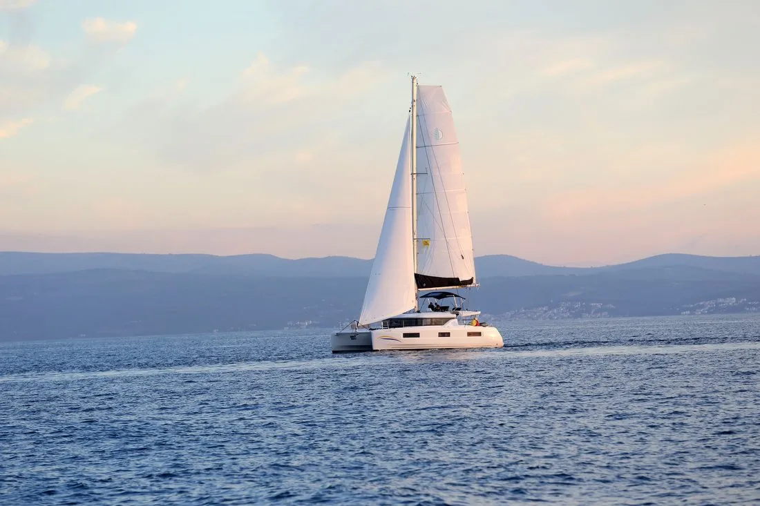 Exterior view of Lady Point, a Lagoon 46 catamaran at Split, Croatia