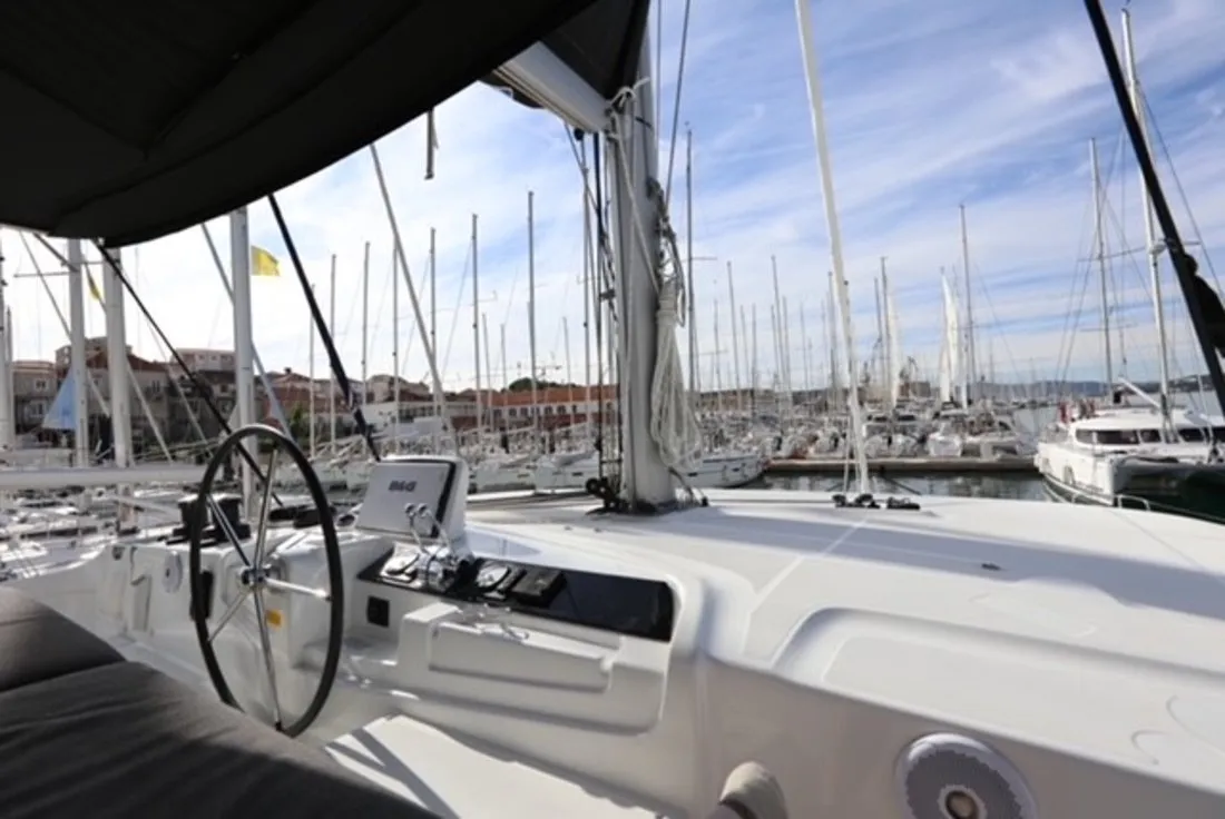Cockpit of Lady Point, a Lagoon 46 catamaran at Split, Croatia