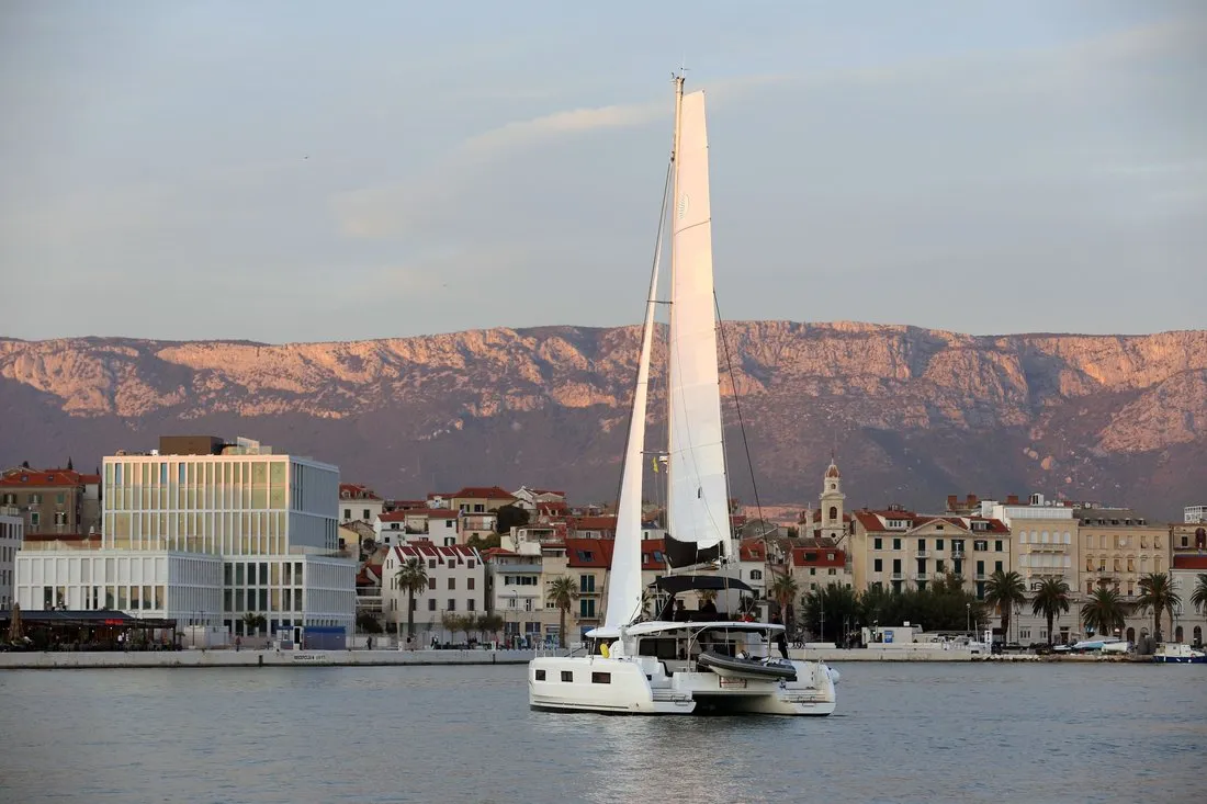 Exterior view of Lady Point, a Lagoon 46 catamaran at Split, Croatia
