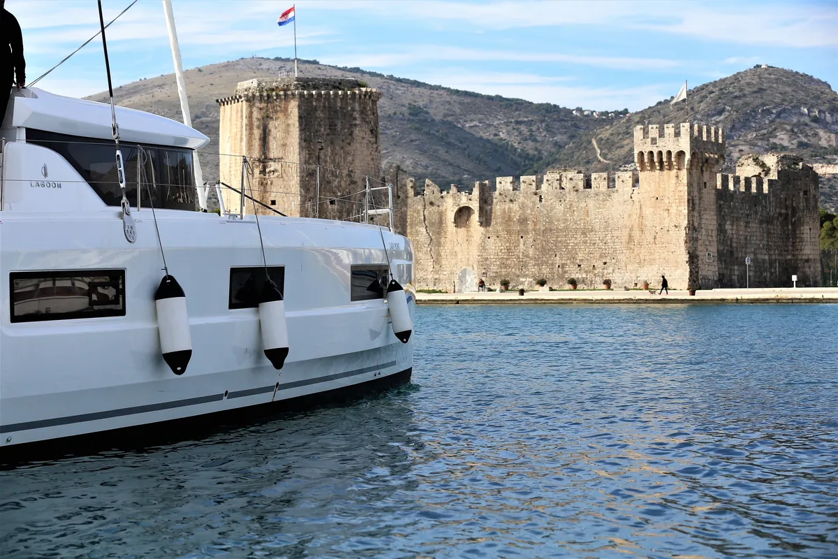 Exterior view of Lady Point, a Lagoon 46 catamaran at Split, Croatia
