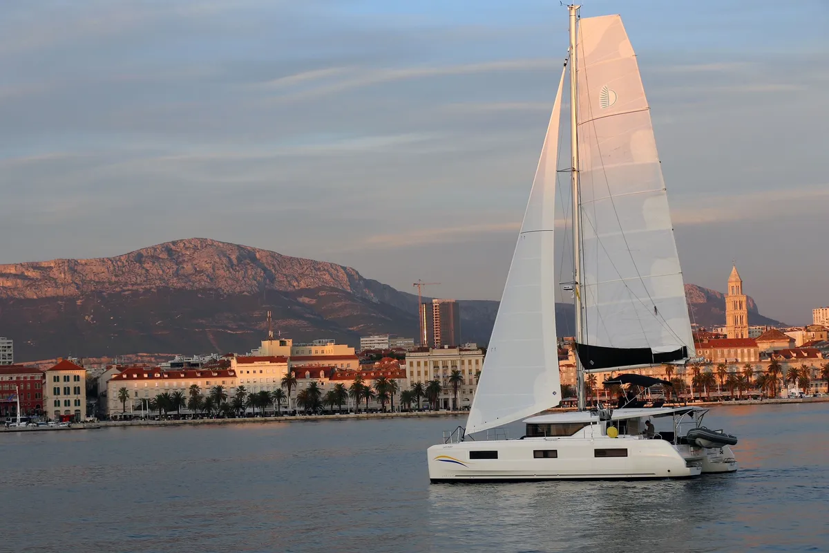 Exterior view of Lady Point, a Lagoon 46 catamaran at Split, Croatia