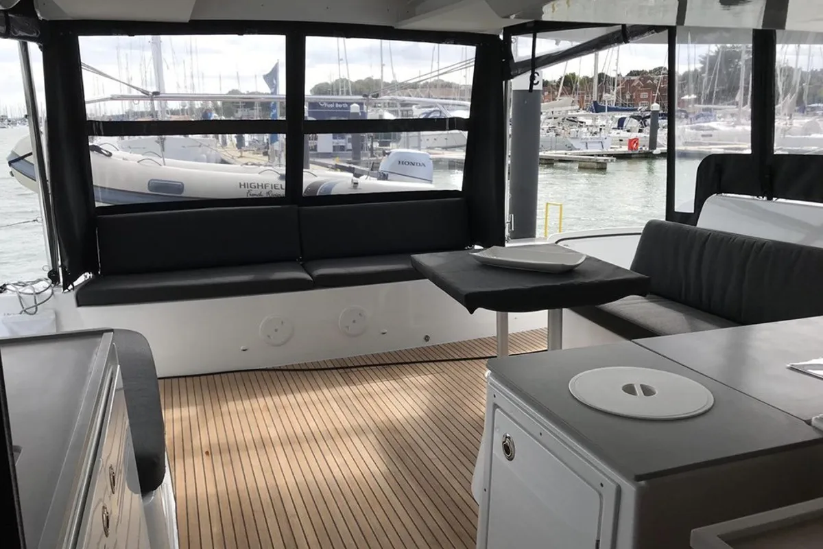 Exterior view of Lady Point, a Lagoon 46 catamaran at Split, Croatia