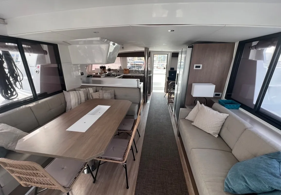 Salon of Bali Catspace, a Bali Catspace catamaran at Municipal Unit of Lefkada, Greece