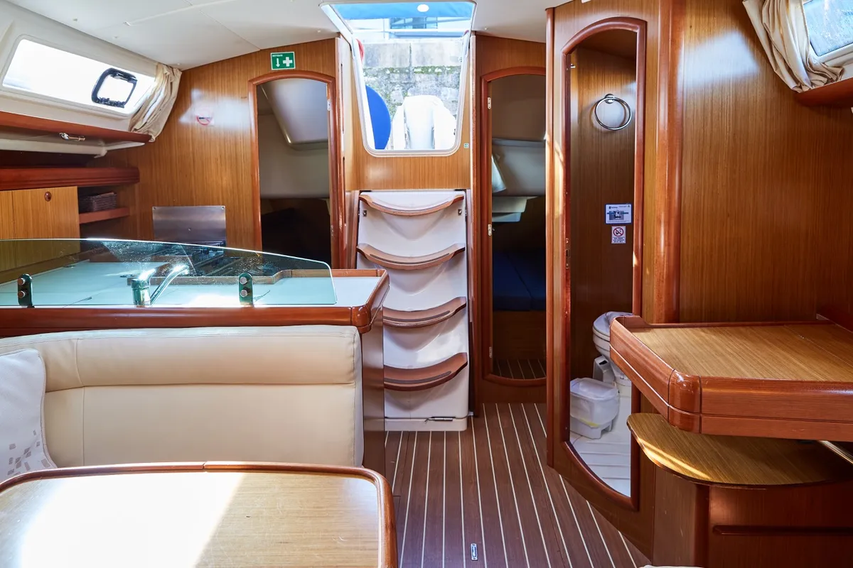 Salon of Jeanneau Sun Odyssey 39i, a sailboat at Vigo, Spain