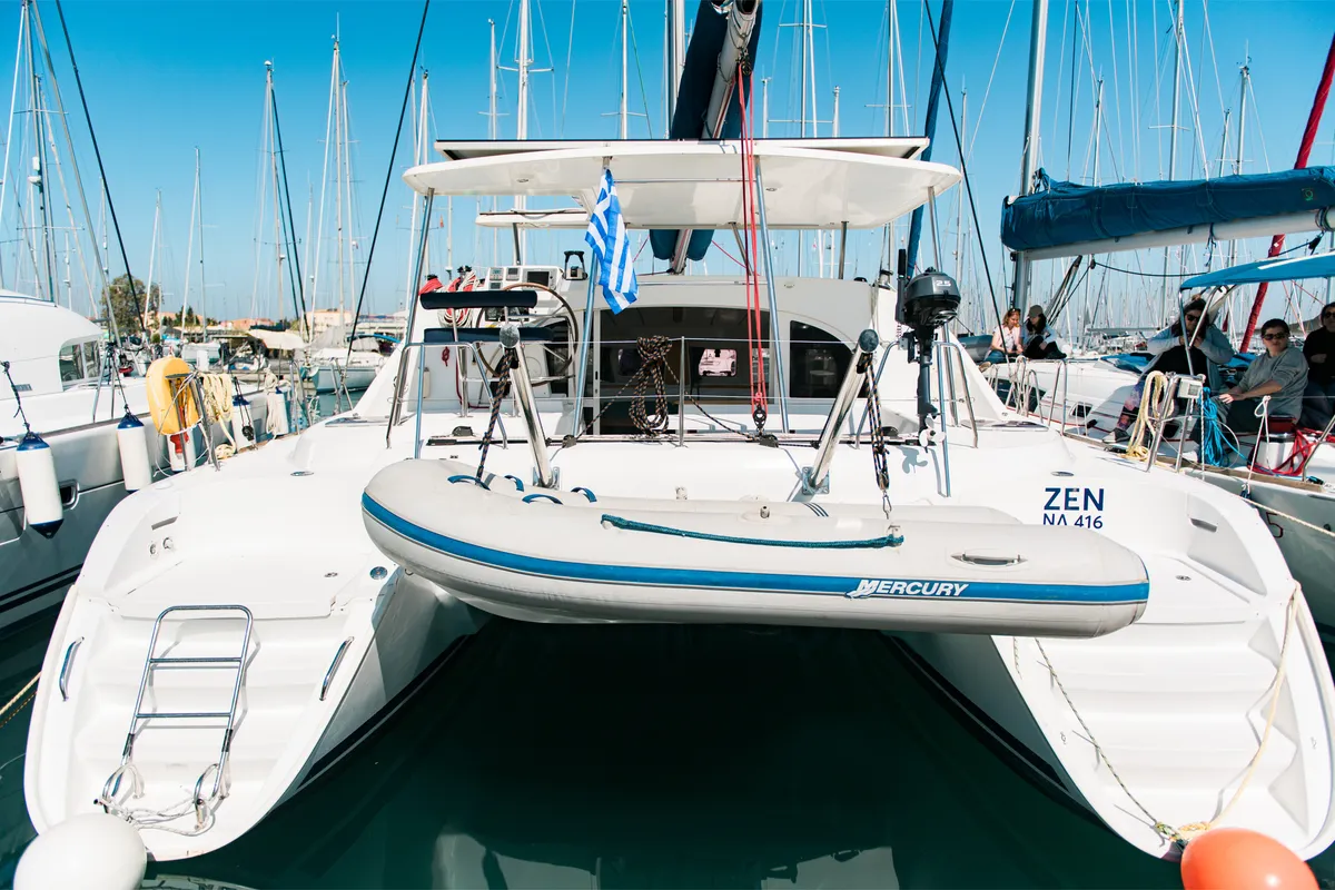 Exterior view of Zen (Pax 10), a Lagoon 380 S2 catamaran at Municipal Unit of Lefkada, Greece