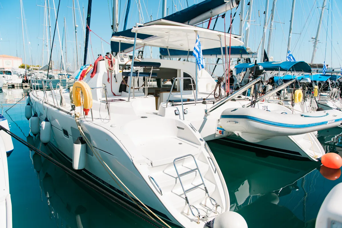 Exterior view of Zen (Pax 10), a Lagoon 380 S2 catamaran at Municipal Unit of Lefkada, Greece