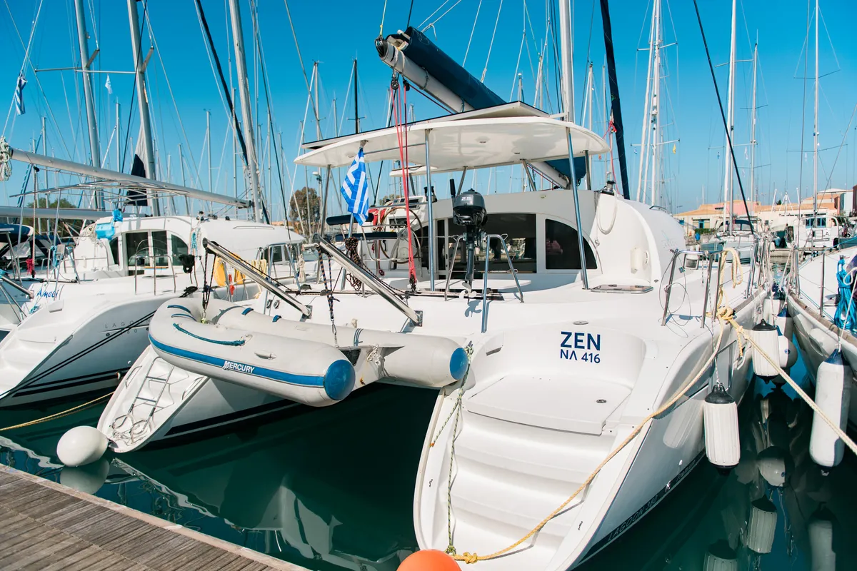Exterior view of Zen (Pax 10), a Lagoon 380 S2 catamaran at Municipal Unit of Lefkada, Greece