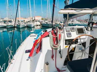 Cockpit of Zen (Pax 10), a Lagoon 380 S2 catamaran at Municipal Unit of Lefkada, Greece